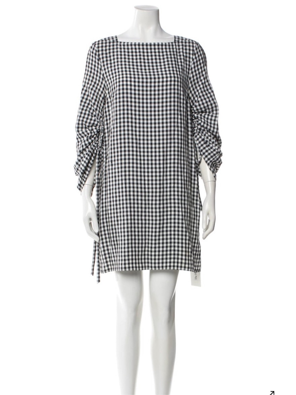 Tibi Black and White Gingham Shift Dress with Ruched Sleeves